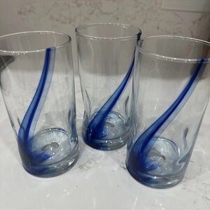 Clear Art Glass Dimpled Blue Swirl 6”H Tumbler Drinking Glasses Set of (3)